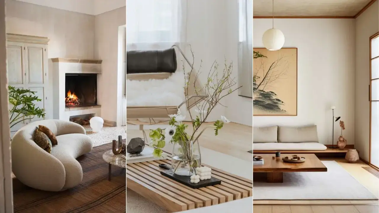 Drei Wohnzimmer im Japandi Style: Gemütliches Ambiente mit Kamin, minimalistische Eleganz mit Blumen und ein schlichtes Wohnzimmer mit japanischer Kunst.