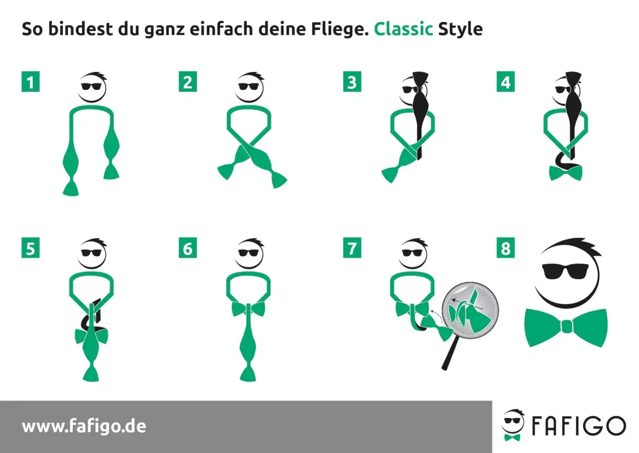Schritt-für-Schritt-Anleitung, wie man eine Fliege bindet. Acht einfache Schritte zeigen, wie der Knoten gelingt.