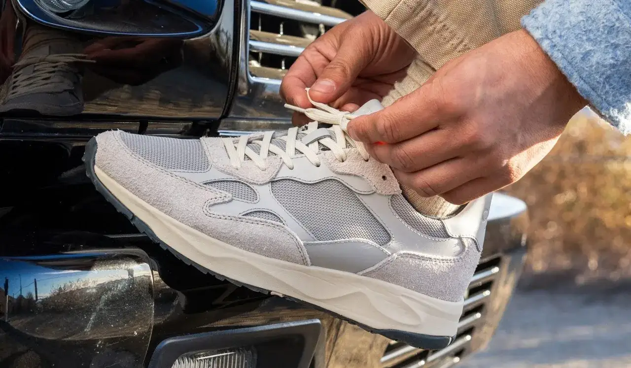 Mann schn&uuml;rt einen hellgrauen Sneaker, ein Beispiel f&uuml;r aktuelle Sneaker Trends Herren, mit beigefarbenen Schn&uuml;rsenkeln.