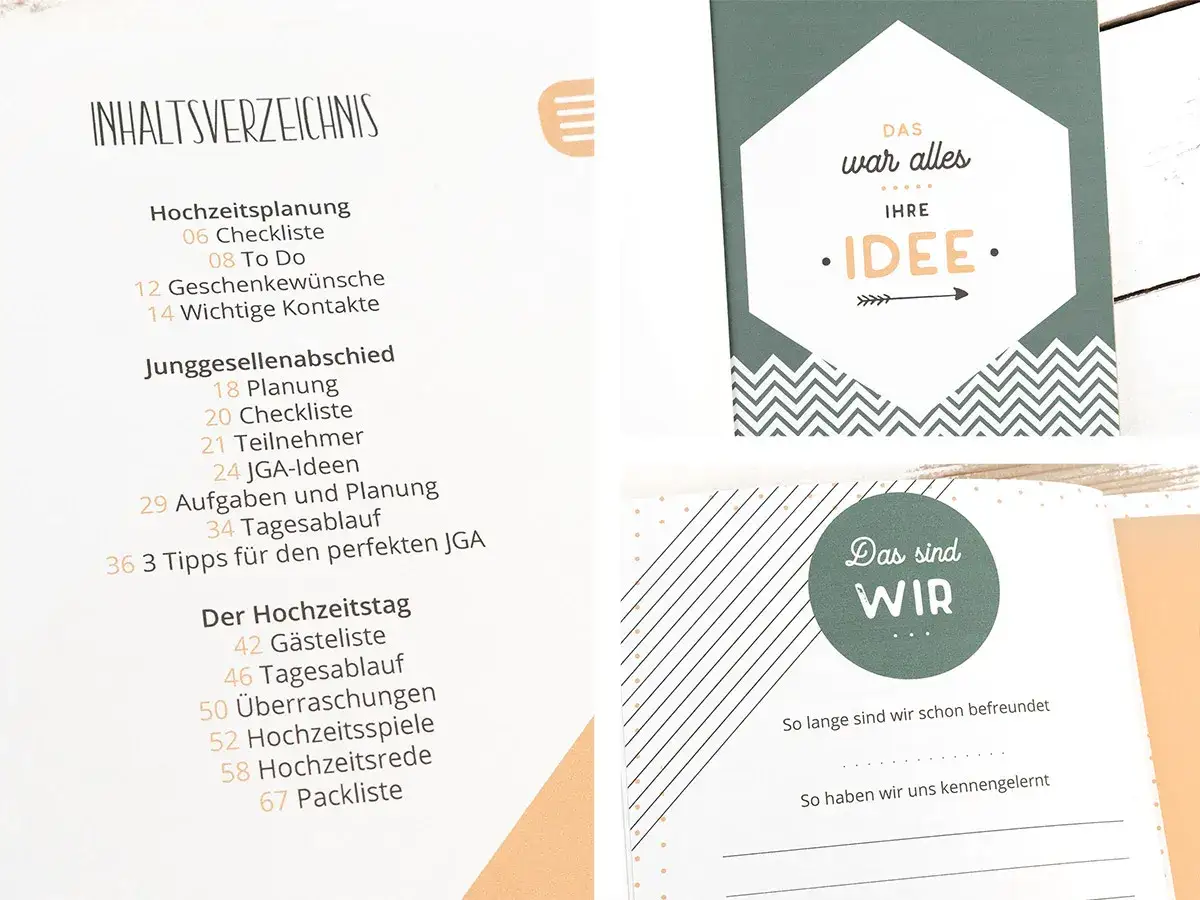 Inhaltsverzeichnis f&uuml;r Hochzeitsplanung, Junggesellenabschied und den Hochzeitstag. Auch Tipps f&uuml;r die Trauzeugen Pflicht sind enthalten.
