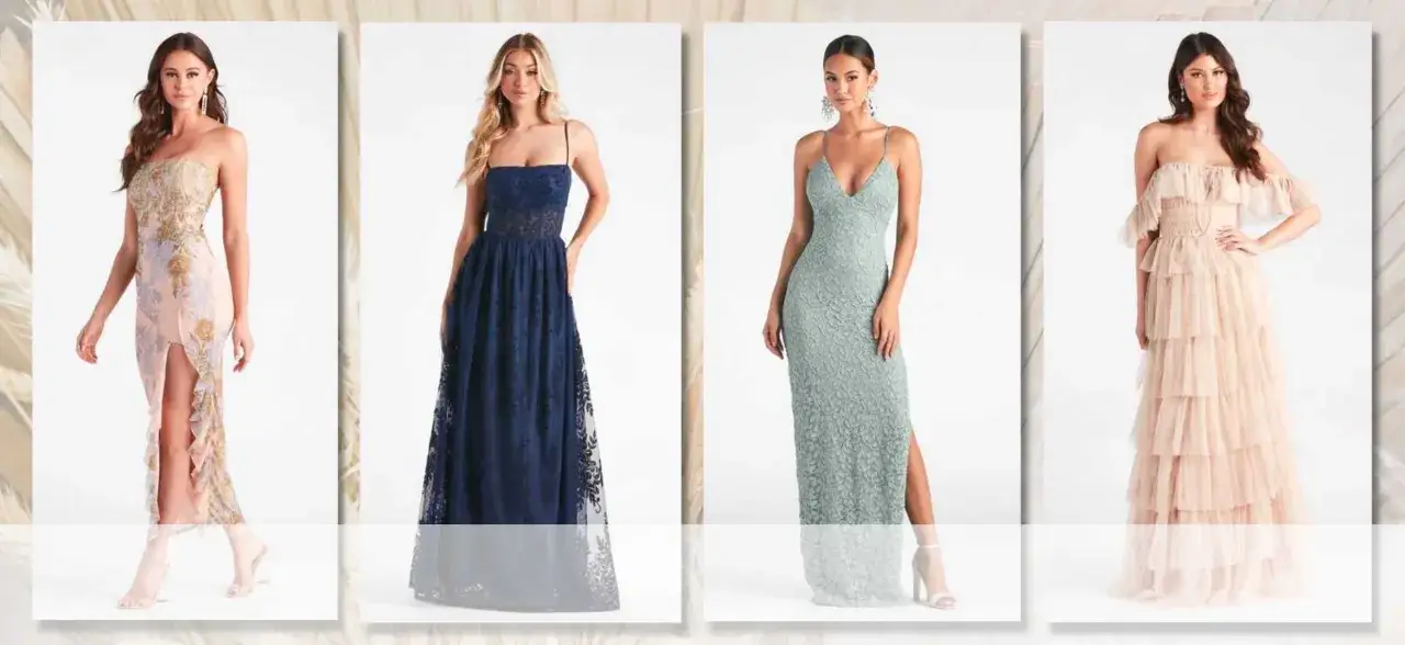 Vier Abendkleider in verschiedenen Farben und Stilen, perfekt für einen dresscode boho hochzeit.