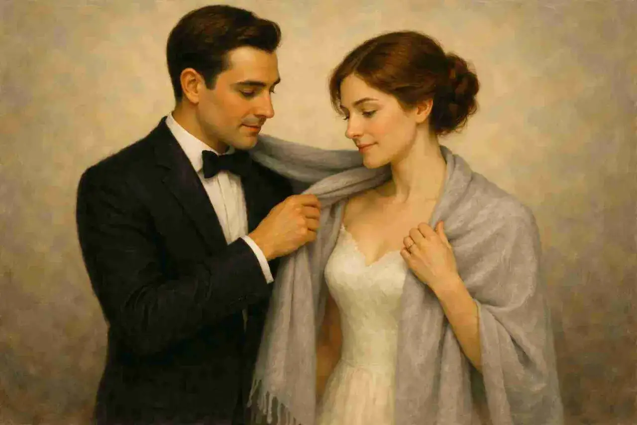 Ein Mann im Anzug legt seiner Frau, die ein Brautkleid trägt, einen Schal um. Ein romantisches Bild, das an ihren 47. Hochzeitstag erinnert.