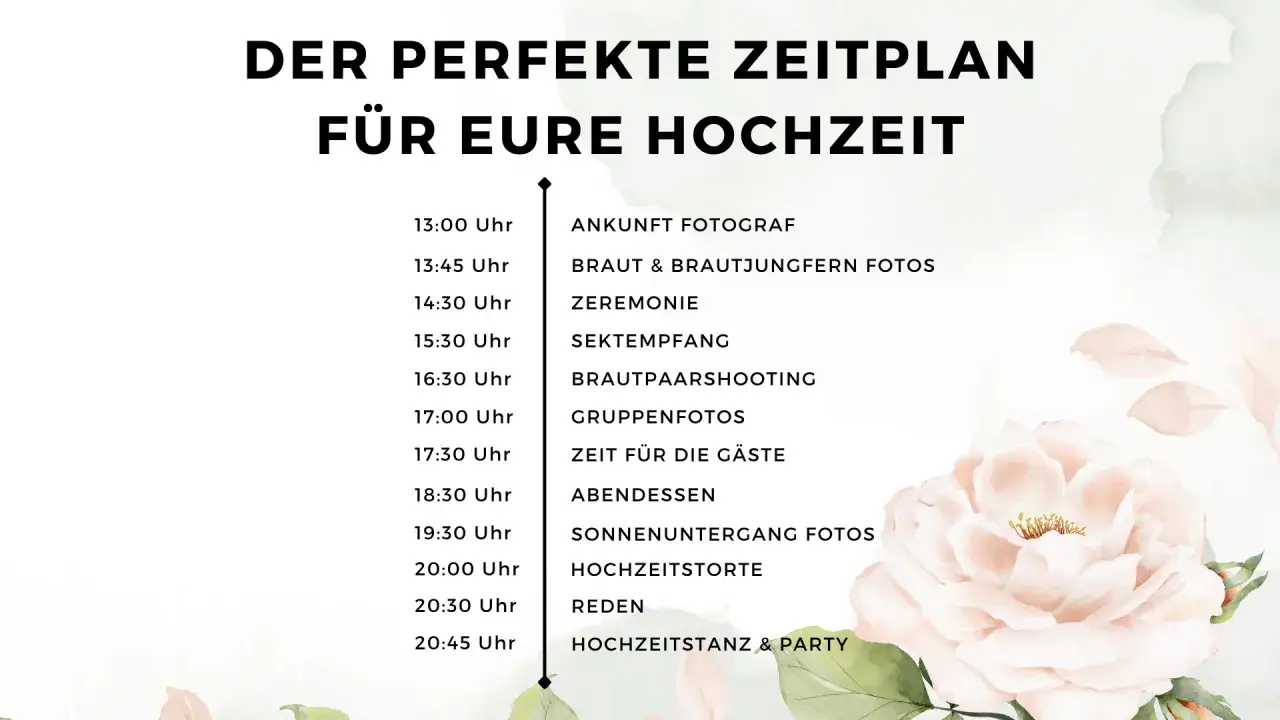 Zeitplan f&uuml;r eine Hochzeit mit vielen tollen Ideen: Ankunft Fotograf, Zeremonie, Sektempfang, Fotos, Abendessen, Hochzeitstorte, Tanz & Party.