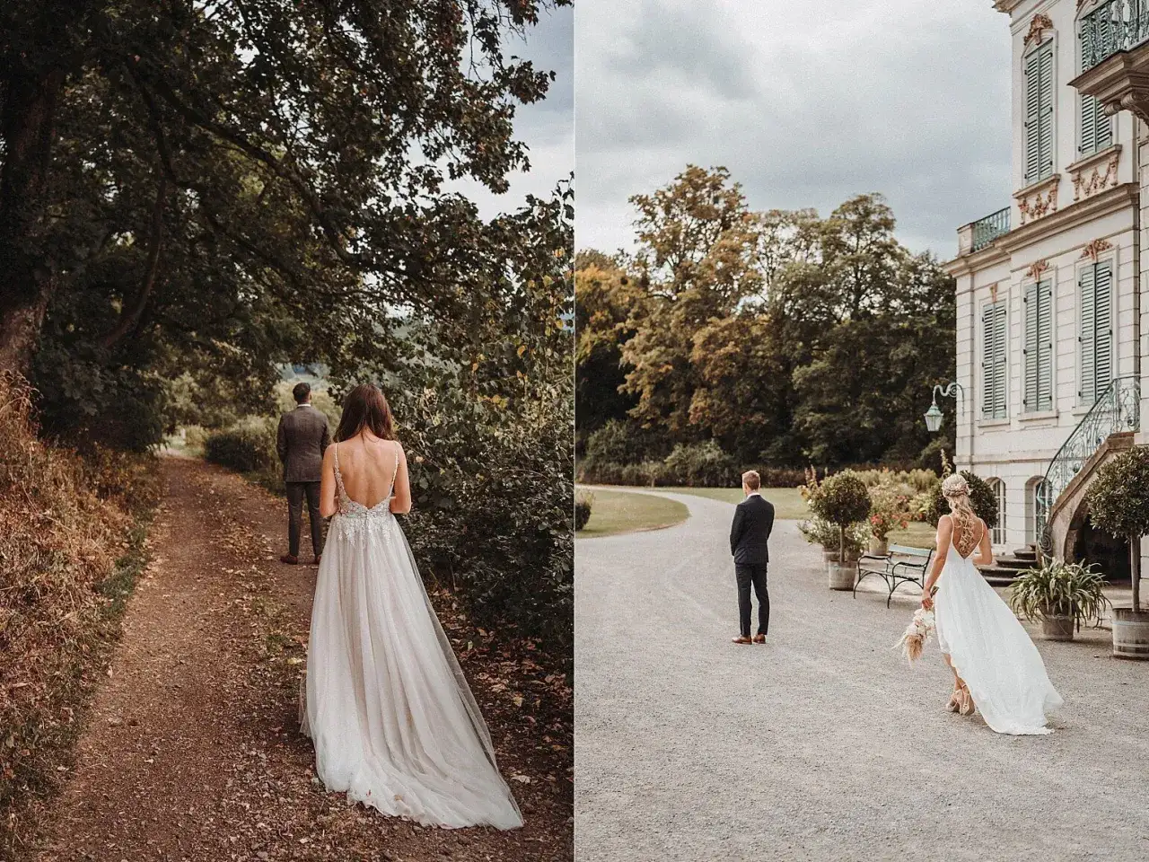 Brautpaar im first look shooting. Sie nähern sich auf einem Weg und vor einem Schloss.