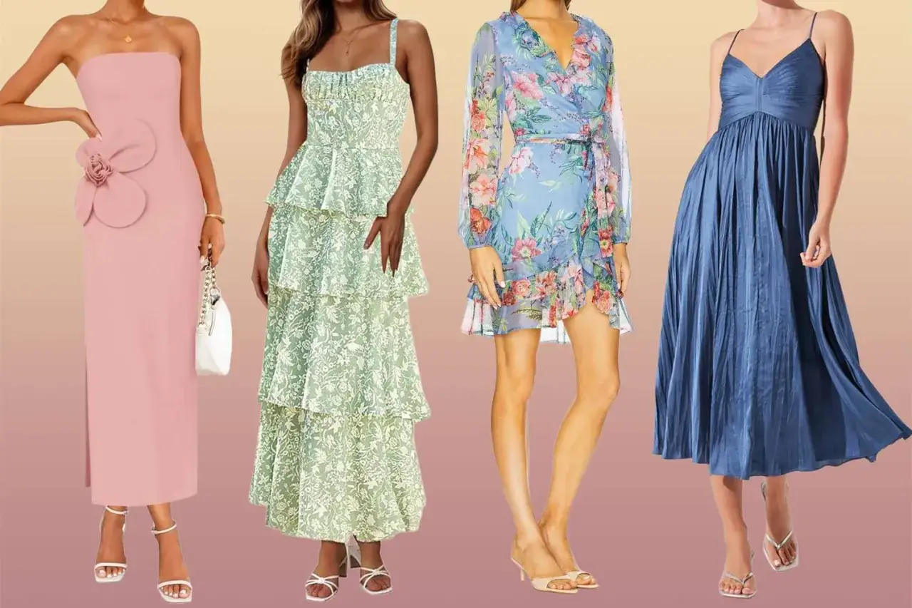 Vier Kleider für eine Hochzeit: Rosa, mintgrün geblümt, blau floral und blau plissiert. Perfekt für den besonderen Anlass, da keine go Farben hochzeit.