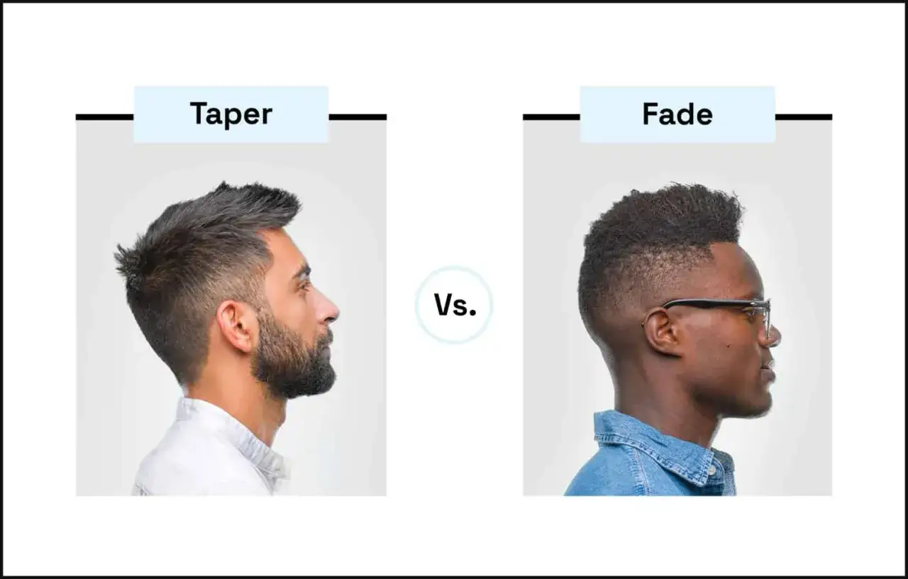 Zwei Männer im Profil: Einer mit einem Taper-Haarschnitt, der andere mit einem Fade. Der konische Schnitt ist subtiler.