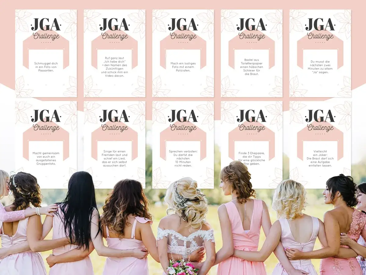 JGA Challenge Karten mit Aufgaben für den Junggesellenabschied. Brautjungfern in rosa Kleidern.