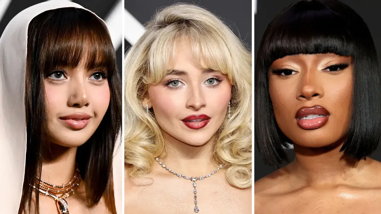 Drei Frauen mit unterschiedlichen Frisuren: eine mit dunklem Haar und Pony, eine mit blonden Locken und Pony, und eine mit schwarzem Bob und Pony.