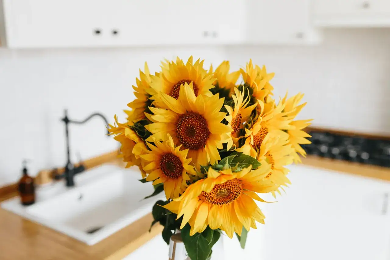 Ein Strauß Sonnenblumen, ein Symbol für 39 Jahre verheiratet, steht in einer Küche.