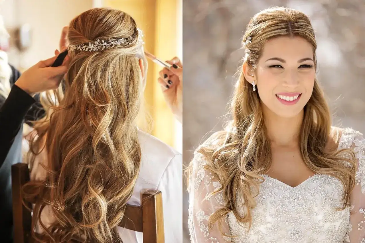 Braut mit offenen Haaren und Locken, geschm&uuml;ckt mit einem Diadem. Perfekt f&uuml;r die Hochzeit.