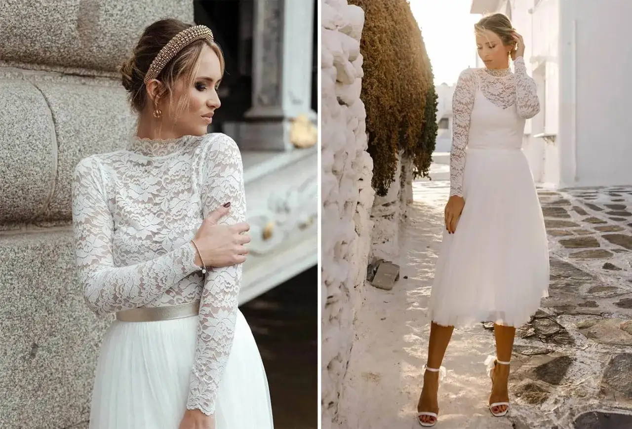 Braut im Spitzenkleid mit Schleier und goldenem Haarband, bereit für die Standesamt-Trauung im Winter.