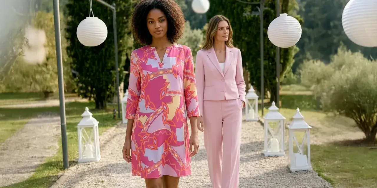 Zwei Frauen spazieren durch einen Garten. Eine tr&auml;gt ein bunt gemustertes Kleid, die andere einen eleganten rosa Anzug. Sie stimmen ihr Outfit perfekt aufeinander ab.