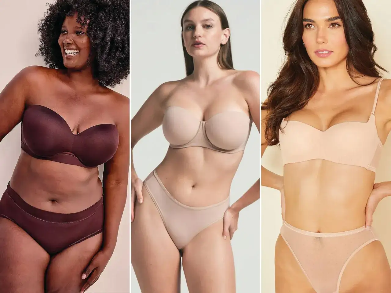 Drei Frauen präsentieren trägerlose BHs in verschiedenen Hauttönen. Die perfekte Wahl für welchen BH unter Brautkleid?