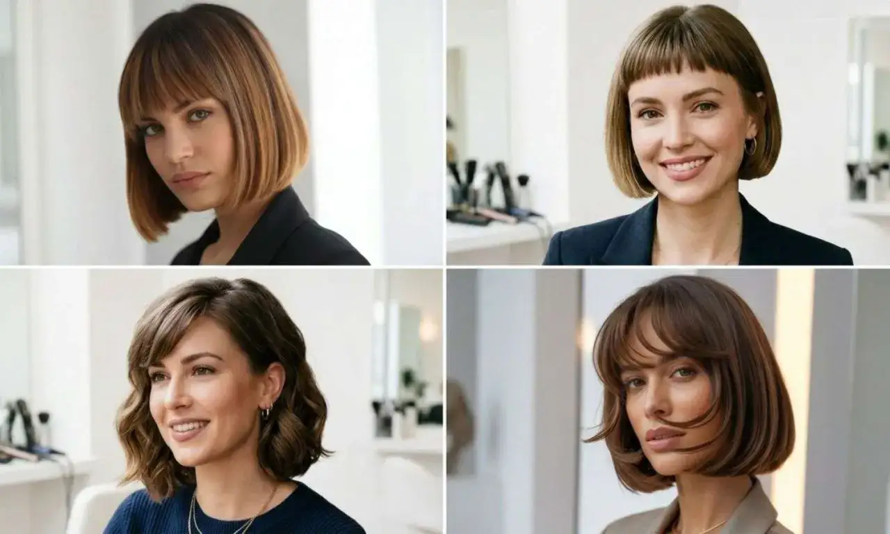 Vier Frauen mit mittellangem Bob mit Pony. Verschiedene Styles und Farben, von gerade bis wellig.