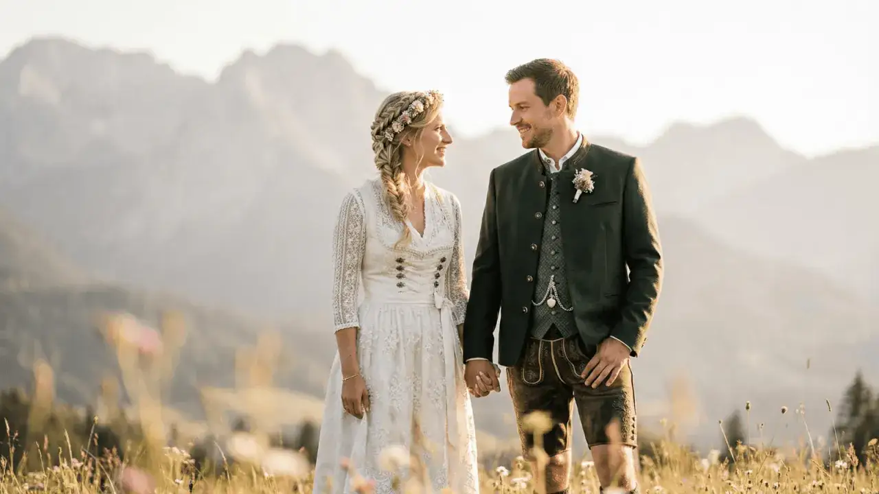 Glückliches Brautpaar in Tracht heiraten vor Bergkulisse. Sie halten Händchen, die Braut trägt ein Dirndl, der Bräutigam eine Lederhose.