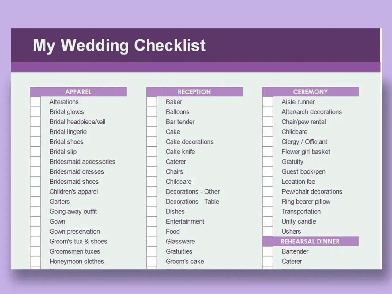 Hochzeitsplanung zeitplan: Checkliste f&uuml;r Kleidung, Empfang und Zeremonie. Hilft bei der Organisation aller wichtigen Details.