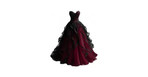 Ein atemberaubendes Ballkleid in Schwarz-Rot, das an ein Gothic-Brautkleid erinnert.