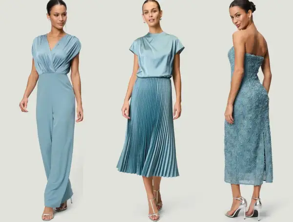 Drei Damen in eleganten blauen Kleidern, perfekt für die Hochzeit der Brautmutter.