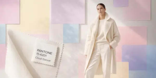 Ein Model trägt ein cremefarbenes Outfit vor pastellfarbenen Hintergründen. Ein Stoffmuster zeigt die Pantone Farbe des Jahres: Cloud Dancer.