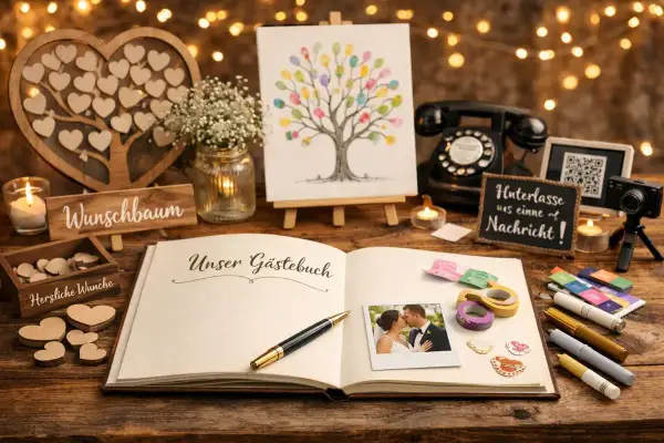 Hochzeitsdeko mit Gästebuch, Wunschbaum & Fingerabdruck-Baum. Originelle Ideen für eine unvergessliche Hochzeit.